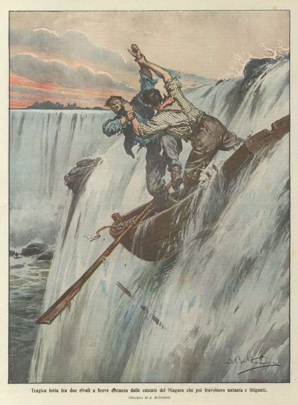 Tragisk slagsmål mellem to rivaler i kort afstand fra Niagara-vandfaldene, som derefter skyllede båden og de stridende parter væk af Achille Beltrame