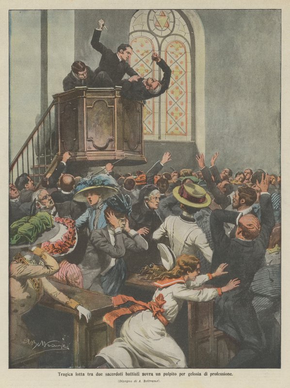 Tragisk kamp mellem to baptistpræster på en prædikestol på grund af professionsjalousi (color litho) af Achille Beltrame
