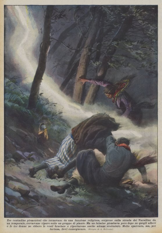Tre piemontesiske bondekvinder, der vender tilbage fra en gudstjeneste, overrasket på vejen til? af Achille Beltrame