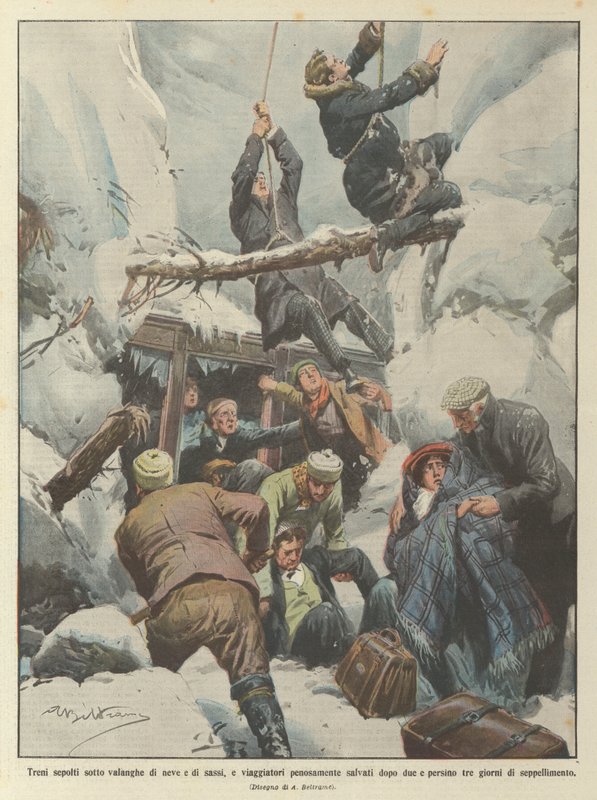 Tog, der blev begravet under laviner af sne og sten, og hvor de rejsende blev reddet på smertefuld vis efter to dage? af Achille Beltrame