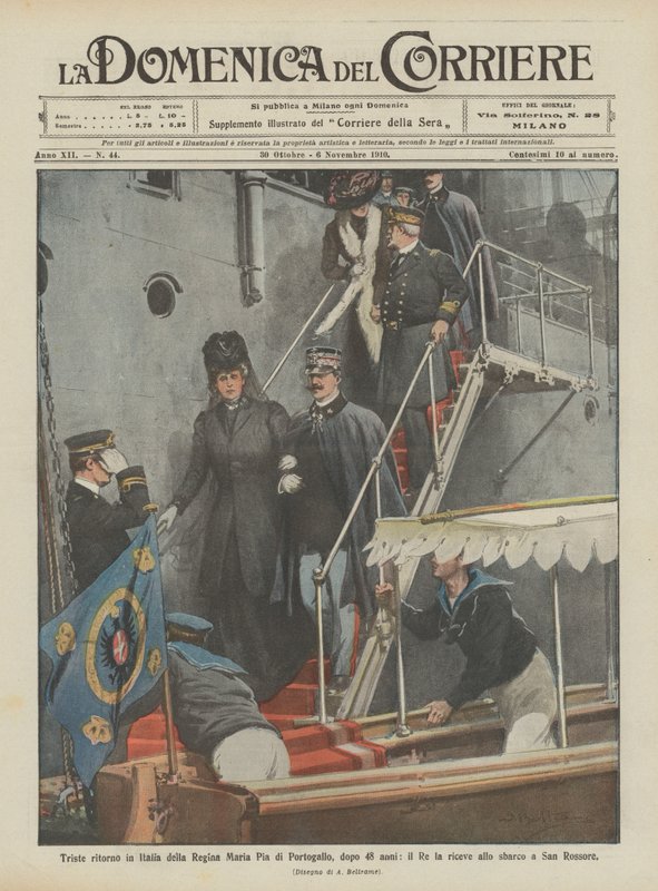 Dronning Maria Pia af Portugals triste hjemkomst til Italien efter 48 år, kongen modtager hende i ? af Achille Beltrame