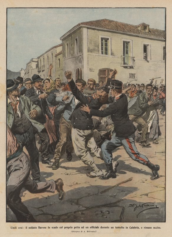 Ydmyge helte, soldat Baron beskytter en officer med sit bryst under et oprør ? af Achille Beltrame