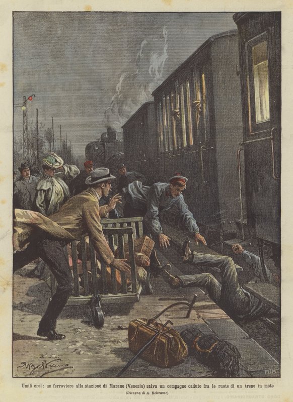 Ydmyge helte, en jernbanearbejder på stationen i Marano (Venedig) redder en kammerat, der er faldet mellem hjulene? af Achille Beltrame