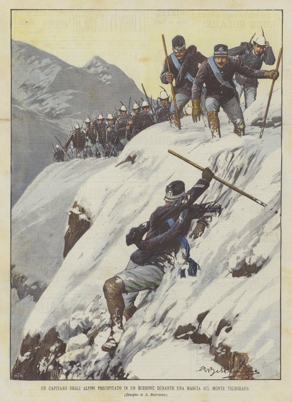 En alpekaptajn, der faldt ned i en kløft under en march på Mount Telegraph af Achille Beltrame