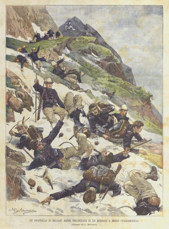 En fangst af alpine soldater faldet i en kløft i Breno (Valcamonica) af Achille Beltrame