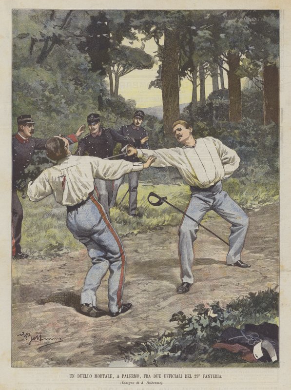En dødbringende duel, i Palermo, mellem to officerer fra det 29. infanteri af Achille Beltrame