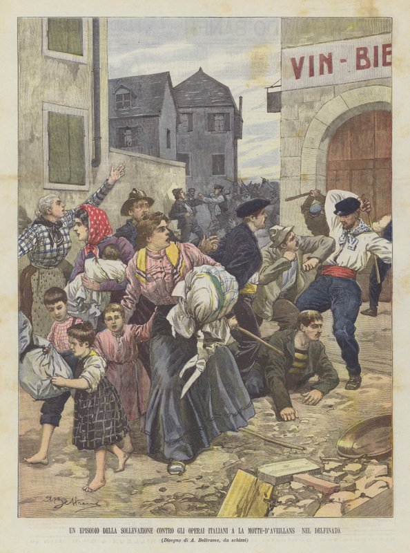 En episode af oprøret mod de italienske arbejdere på La Motte-DAveillans Nel Dauphiné af Achille Beltrame