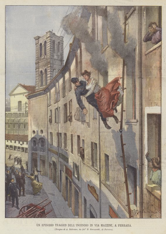 En tragisk episode af ilden i Via Mazzini, Ferrara af Achille Beltrame