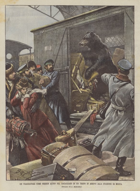 En rejsende som ingen anden i bagagerummet af et ankommende tog på Moskva Station af Achille Beltrame