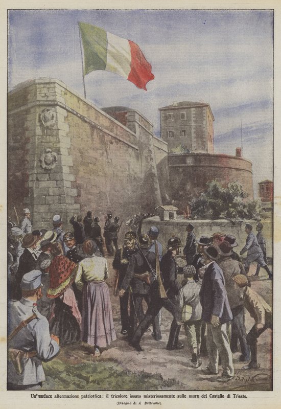 En dristig patriotisk bekræftelse, trikoloren hejst på mystisk vis på væggene i slottet Trieste af Achille Beltrame
