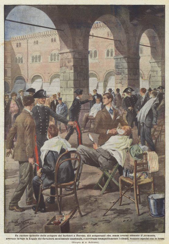 En besynderlig episode af barberstrejken i Treviso af Achille Beltrame