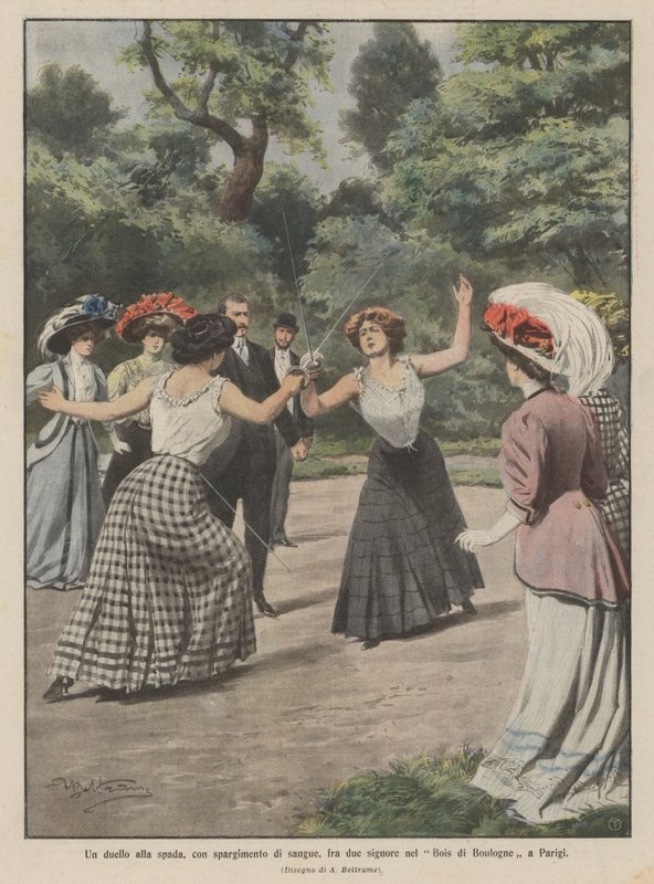 Sværdkamp med blodsudgydelse mellem to damer i Bois de Boulogne i Paris af Achille Beltrame