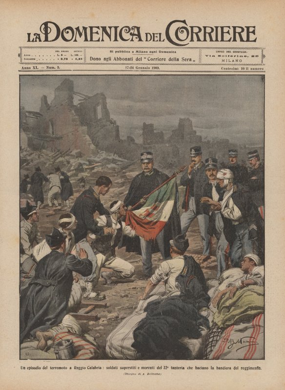 En episode af jordskælvet i Reggio Calabria, overlevende og døende soldater fra 22. infanteri, der? af Achille Beltrame