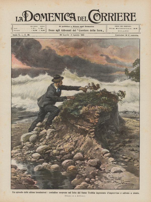 En episode fra de sidste oversvømmelser, hvor en landmand blev fanget i den svulmende Trebbia-flodens leje ? af Achille Beltrame