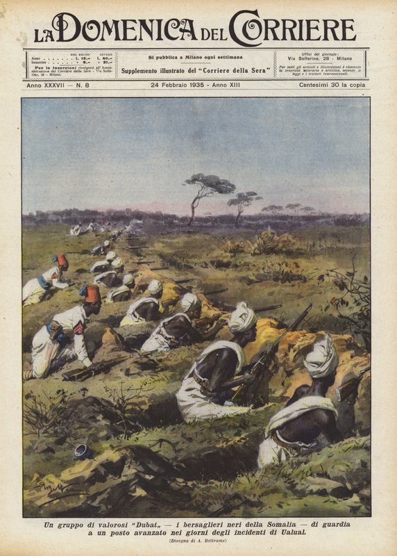 En gruppe modige Dubat, den sorte Bersaglieri fra Somalia, bevogter en fremskudt post i? af Achille Beltrame