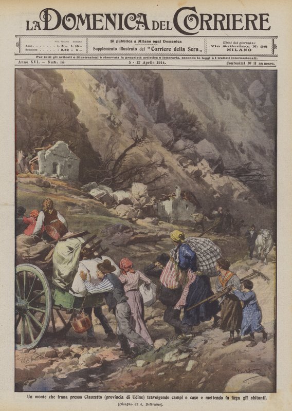 Et bjerg, der skred nær Clauzetto (provinsen Udine), overvældende marker og huse og bragte indbyggerne på flugt af Achille Beltrame