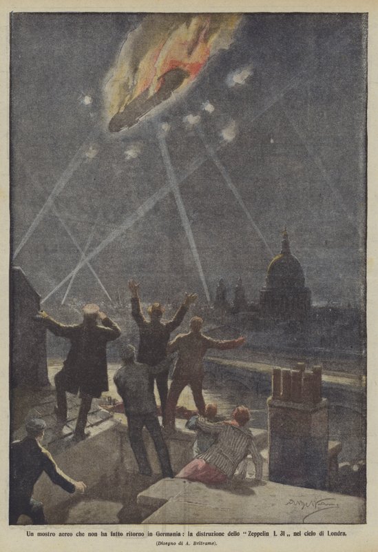 Et luftmonster, der ikke vendte tilbage til Tyskland, ødelæggelsen af ​​Zeppelin L 31 på London-himlen af Achille Beltrame