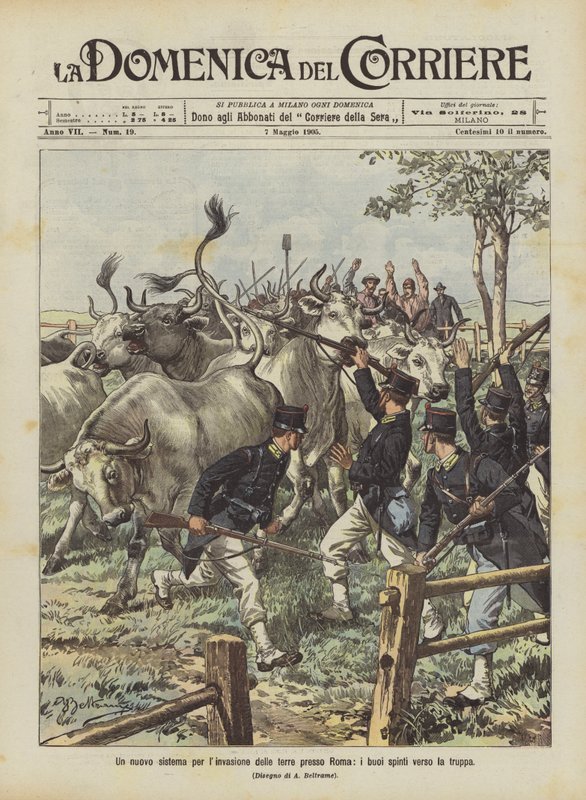 Et nyt system til landinvasion i nærheden af Rom, okser skubbet mod tropperne af Achille Beltrame