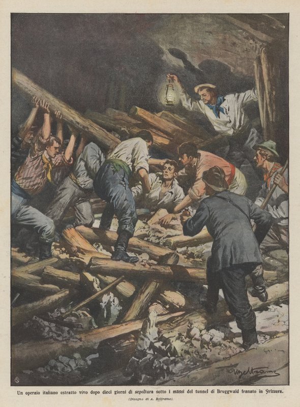 En italiensk arbejder, der blev fundet levende efter ti dages begravelse under klipperne i tunnelen? af Achille Beltrame