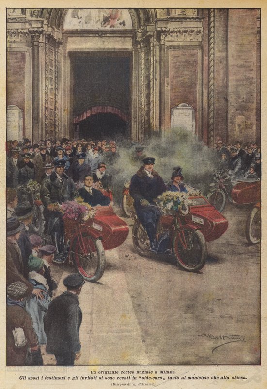 En original bryllupsoptog i Milano (farve litho) af Achille Beltrame