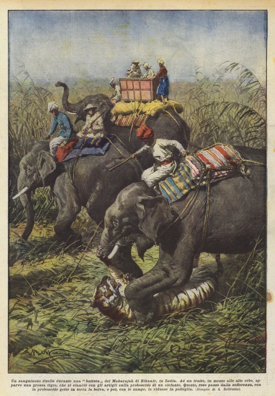 En blodig duel under en vittighed af Maharajah of Bikanir, Indien af Achille Beltrame