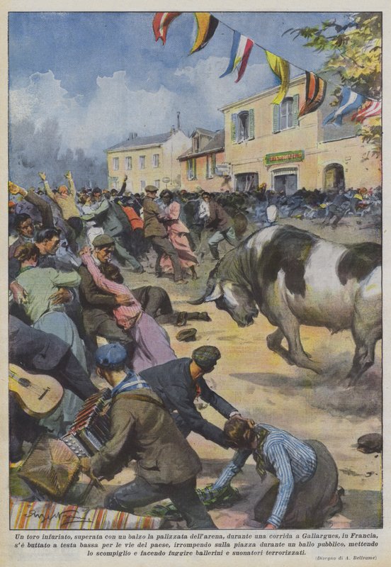 En rasende tyr, der springer over arenahegnet under en tyrefægtning? af Achille Beltrame