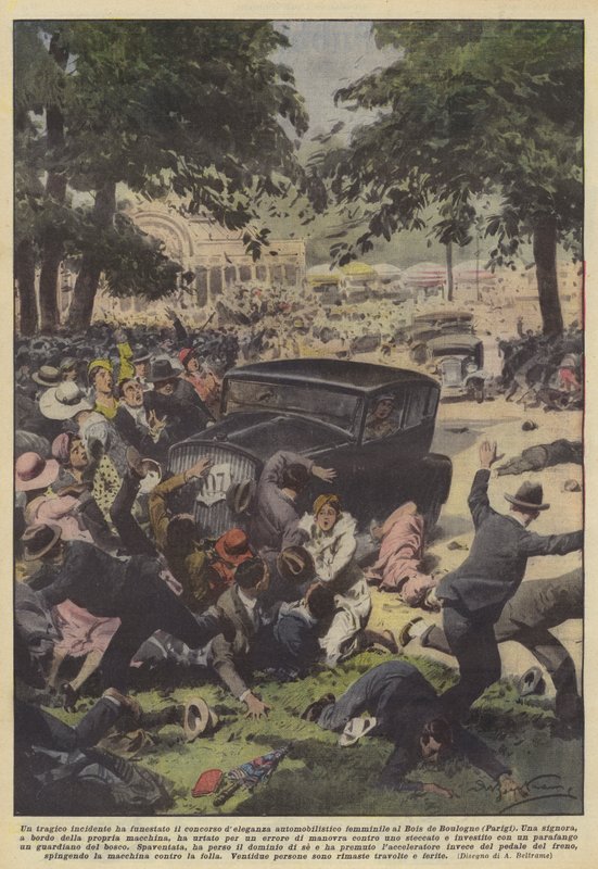 En tragisk ulykke skæmmede kvindernes bildelegationskonkurrence ved Bois de Boulogne (Paris) af Achille Beltrame