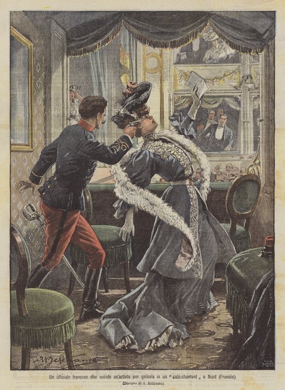 En fransk officer dræber en kunstner af jalousi på en cafe-chantant i Niort (Frankrig) af Achille Beltrame