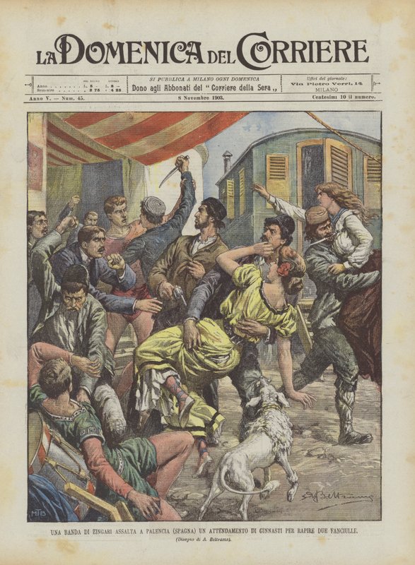 En gruppe sigøjnere angriber en gymnastikreception i Palencia (Spanien) for at kidnappe to piger af Achille Beltrame