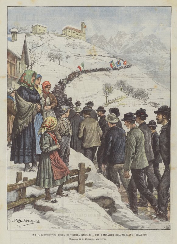 En karakteristisk fest for Santa Barbara blandt minearbejdere i Agordino (Belluno) af Achille Beltrame