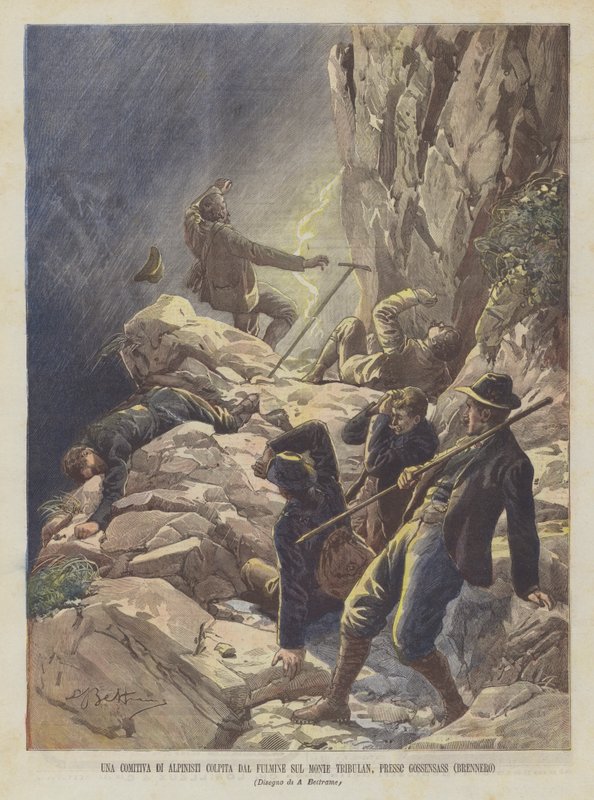 En gruppe klatrere ramt af et lyn på Mount Tribulan, nær Gossensass (Brennero) af Achille Beltrame