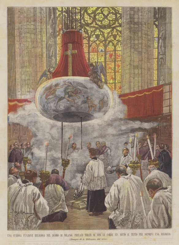 En nysgerrig religiøs funktion i Milano-katedralen, prælater trukket op med reb under? af Achille Beltrame