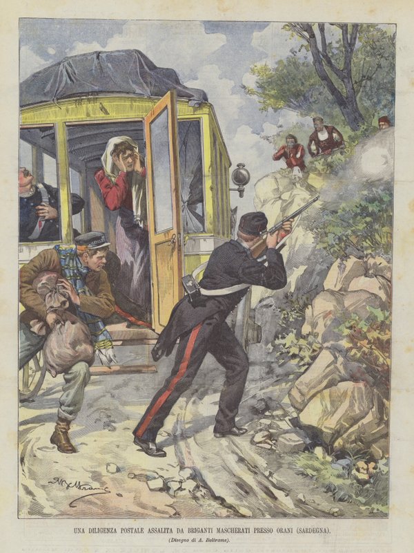Et postvæsen overfaldet af maskerede banditter nær Orani (Sardinien) af Achille Beltrame