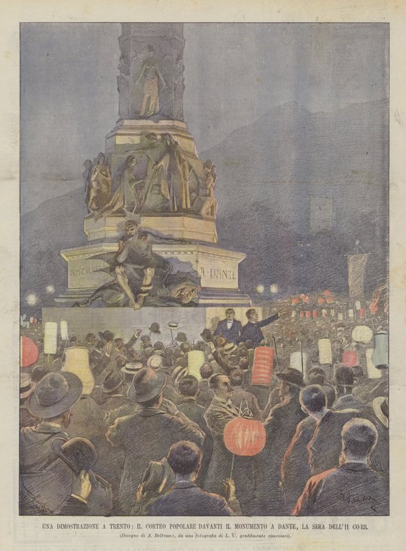 En demonstration i Trento, den populære procession foran monumentet til Dante, La Sera Dell11 Corr af Achille Beltrame