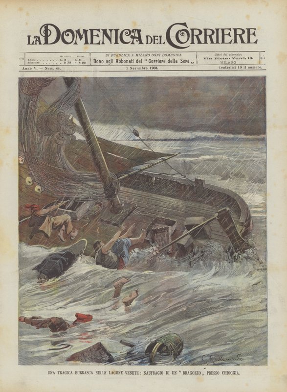 En tragisk storm i de venetianske laguner, skibbrud af en Bragozzo nær Chioggia af Achille Beltrame