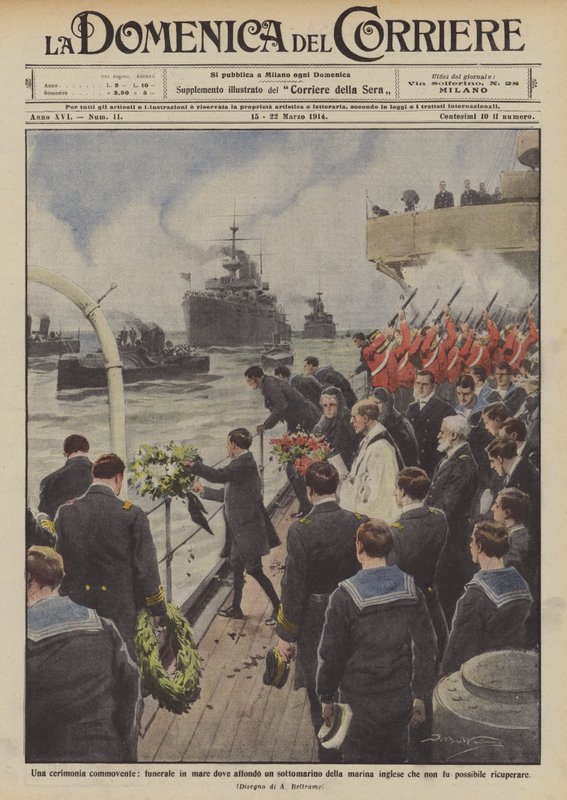 En bevægende ceremoni, en begravelse til søs, hvor jeg sænker en ubåd fra den engelske flåde, hvilken? af Achille Beltrame