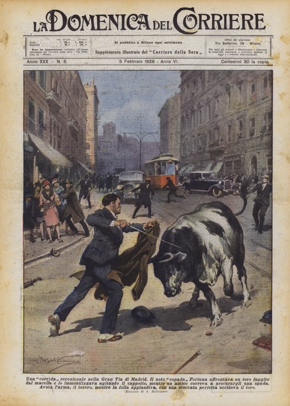 En enestående tyrefægtning i Madrids Gran Via af Achille Beltrame