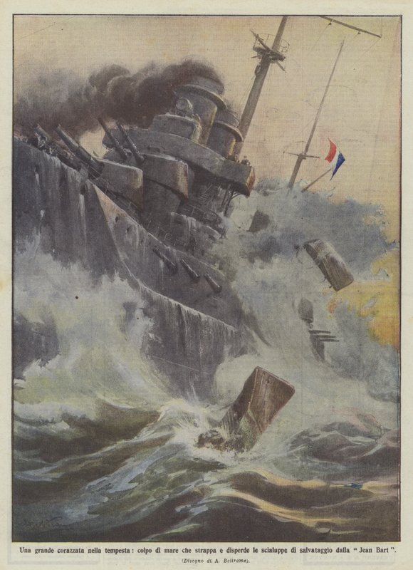 Et stort slagskib i en storm, et havslag, der river redningsbådene op og spreder dem? af Achille Beltrame
