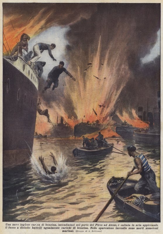 Et britisk skib lastet med benzin, som brød i brand i havnen i Piræus i Athen, blev sprængt i luften? af Achille Beltrame