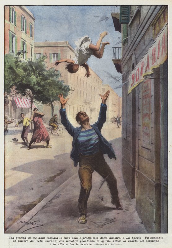En tre-årig pige gik alene hjemme og faldt ud af vinduet i La Spezia af Achille Beltrame