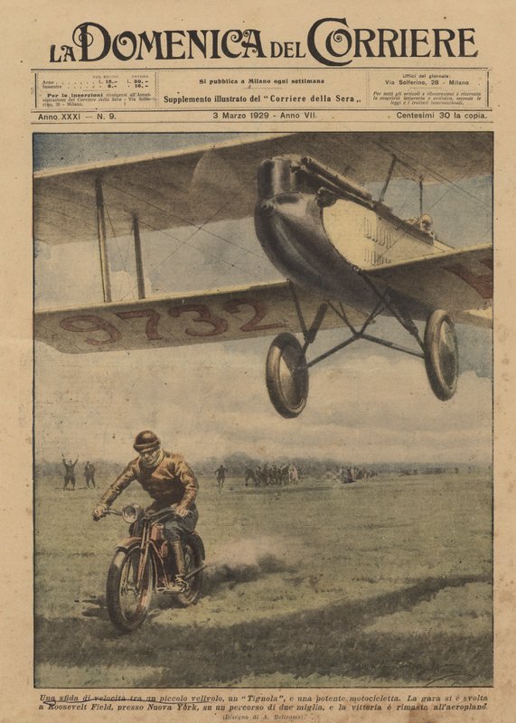 En fartudfordring mellem et lille fly, en Moth og en kraftfuld motorcykel af Achille Beltrame