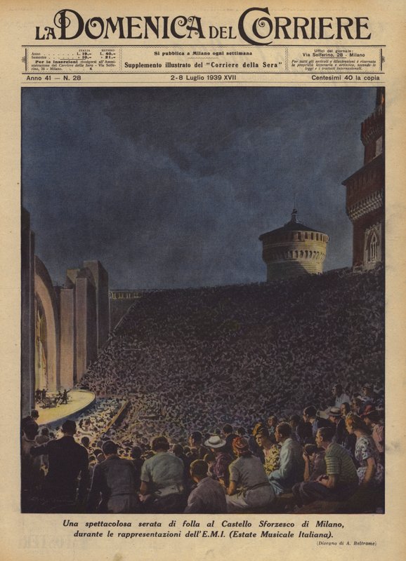 En spektakulær aften med folkemængder på Castello Sforzesco i Milano under forestillingerne? af Achille Beltrame