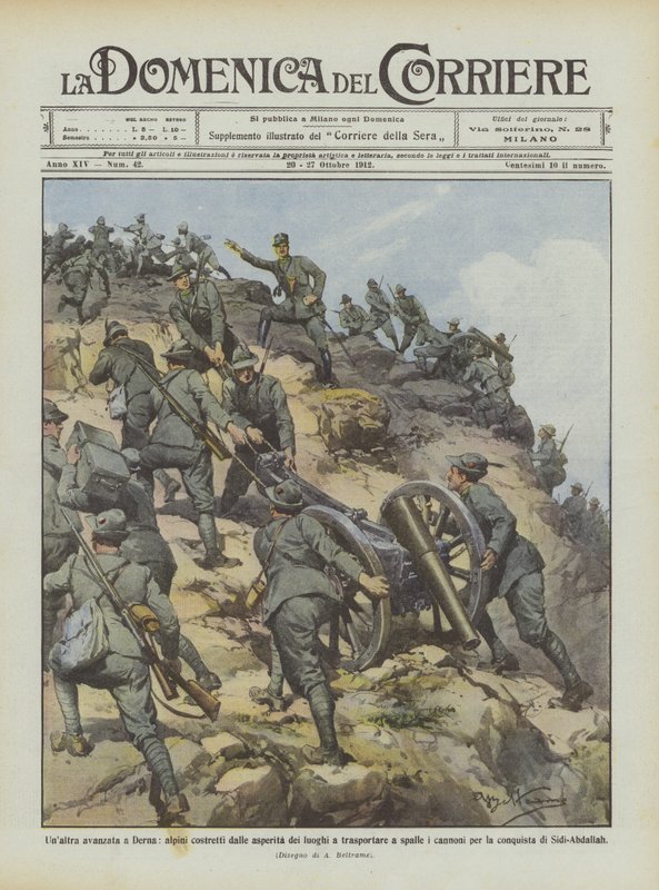 Endnu et fremskridt i Derna, Alpini tvunget af stedernes ruhed til at bære på deres skuldre? af Achille Beltrame