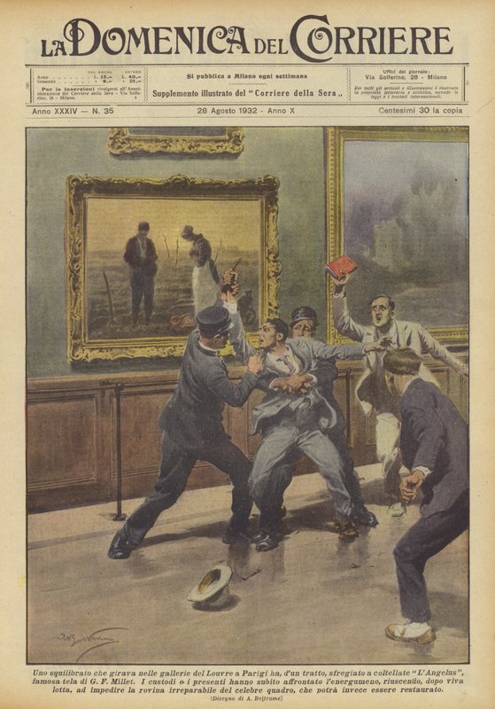 Gjorde en sindsforvirret mand, der gik rundt i Louvre-gallerierne i Paris, pludselig? af Achille Beltrame