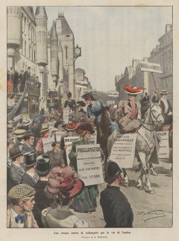 Et mærkeligt suffragetteoptog gennem Londons gader af Achille Beltrame