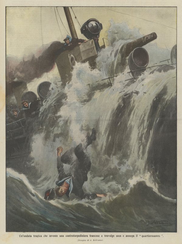 Tragisk flodbølge rammer fransk torpedobåd, fejer væk og drukner kvartermesteren af Achille Beltrame