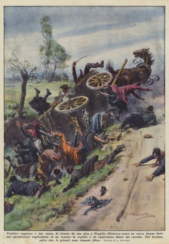 Treogtyve piger og to nonner, der vender tilbage fra en tur til Praglia (Padua) på en vogn? af Achille Beltrame