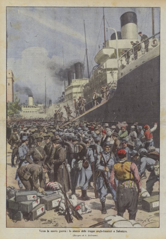 Mod den nye krig, landsætningen af ​​de engelsk-franske tropper i Thessaloniki af Achille Beltrame