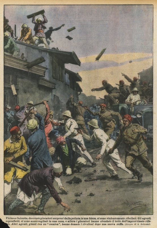 I nærheden af Calcutta gjorde to hundrede spillere, der blev taget af politiet i en spillehule, voldsomt oprør. af Achille Beltrame