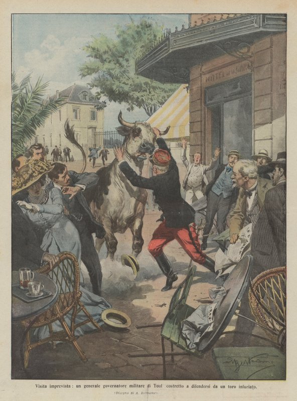 Uventet besøg, en general, militærguvernør i Toul, der var tvunget til at forsvare sig mod en vred tyr af Achille Beltrame